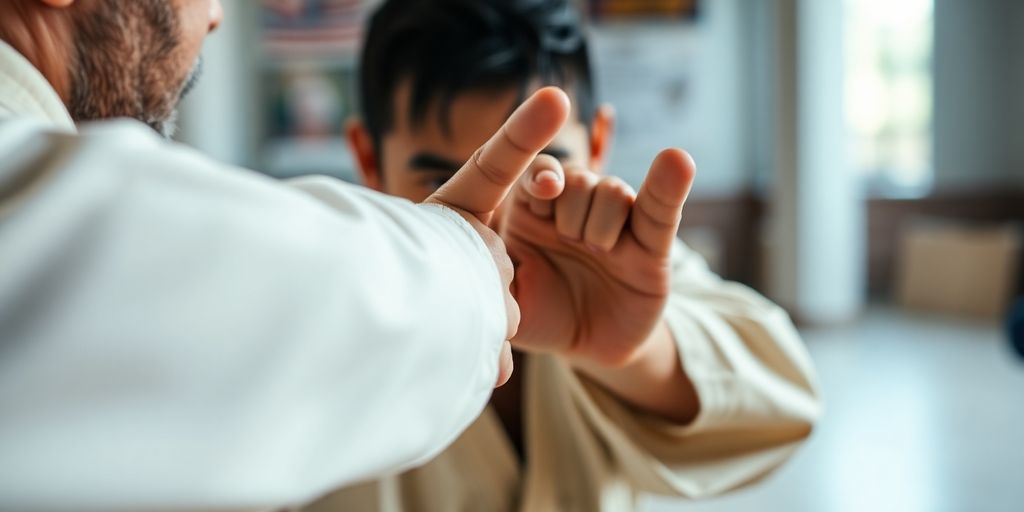Self-defense eye jab technique in a dojo setting.