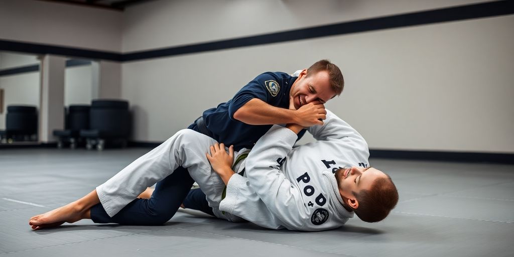 Police officer training Jiu Jitsu with a partner.