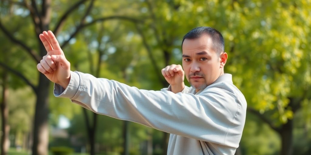 Person practicing self-defense techniques outdoors in a park.
