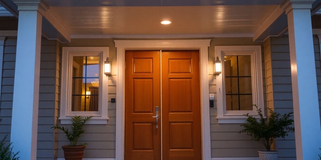 Secure home entrance with lights and surveillance features.