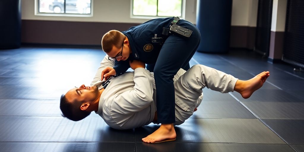 Police officer training in Brazilian Jiu-Jitsu on a mat.