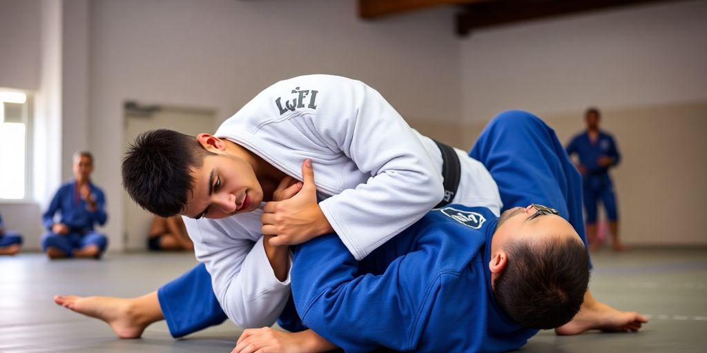 Two Jiu Jitsu students training on a mat.
