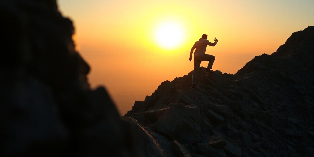 Person climbing mountain at sunrise, embodying personal growth journey.